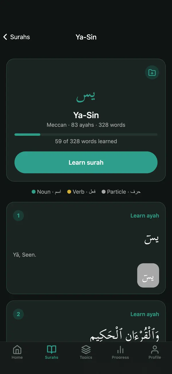 Surah Ya-Sin, ayah by ayah, each word marked as a noun, verb or particle